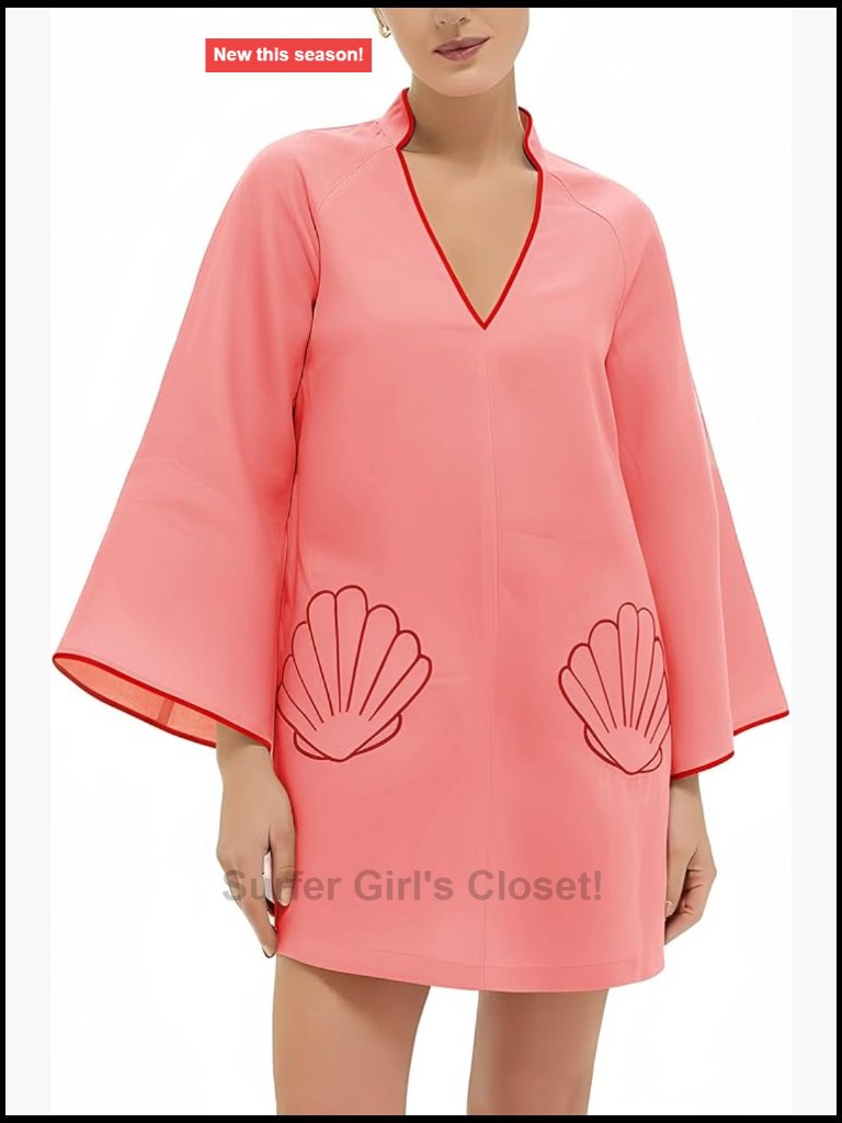 Womens Loose Fit Babydoll Shell Embroidered Mini Dress Boho 3/4 Sleeve V-Neck